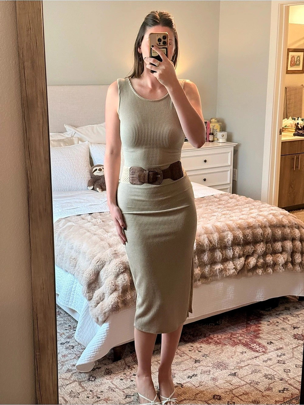 ANTISTAR Ribbed Midi Dress in Tan Size Small Like New